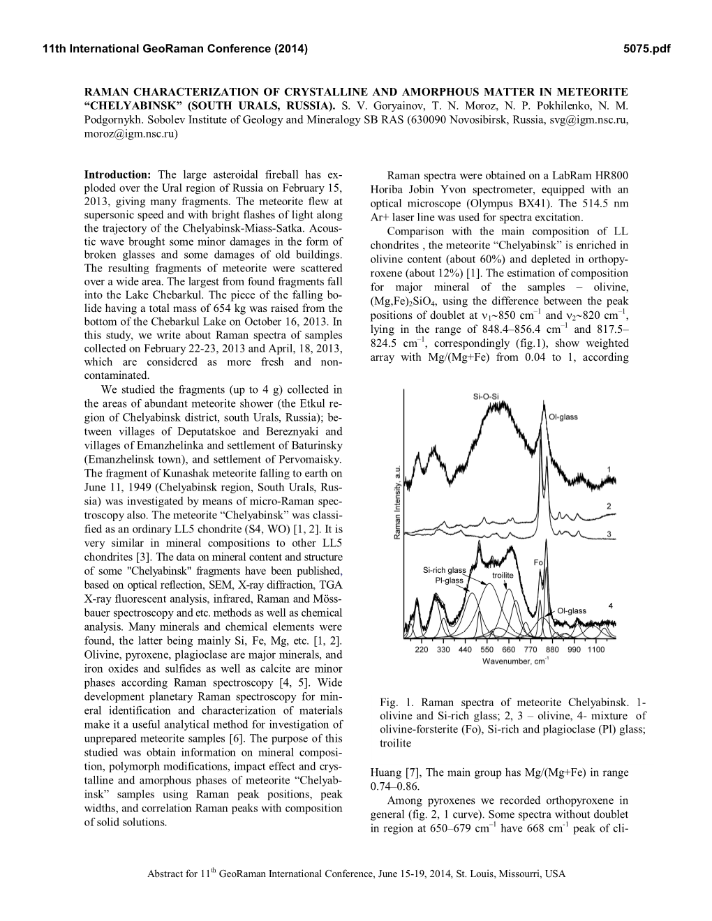 Raman Characterization of Crystalline and Amorphous Matter in Meteorite “Chelyabinsk” (South Urals, Russia)