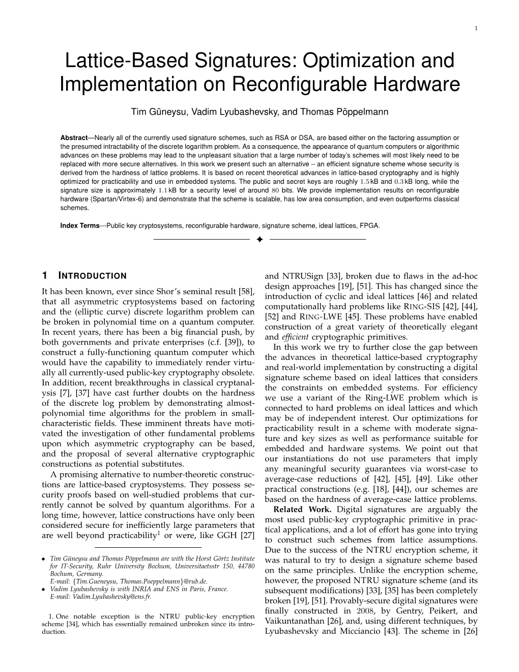 Lattice-Based Signatures: Optimization and Implementation on Reconﬁgurable Hardware