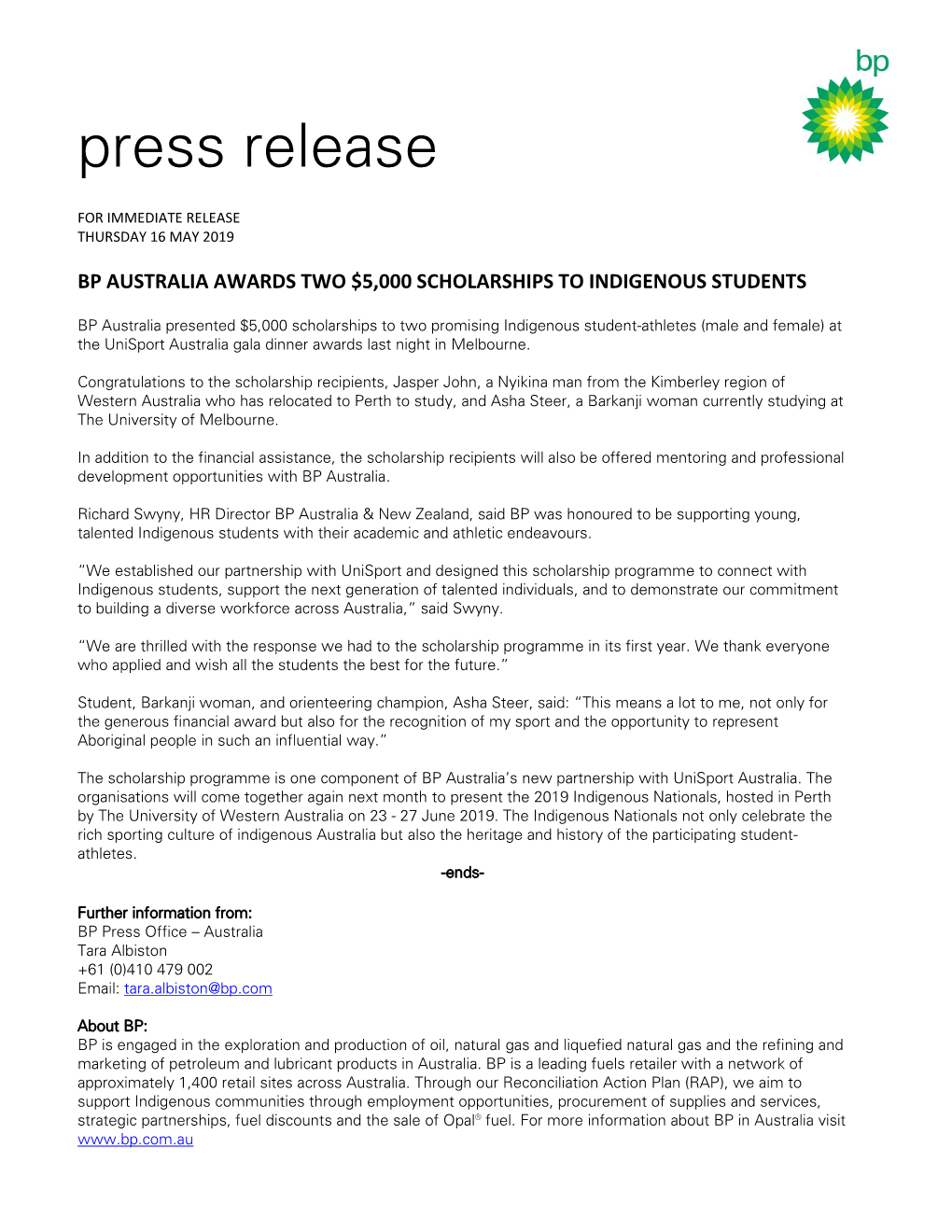 Bp Australia Awards Two Scholarships to Indigenous Students