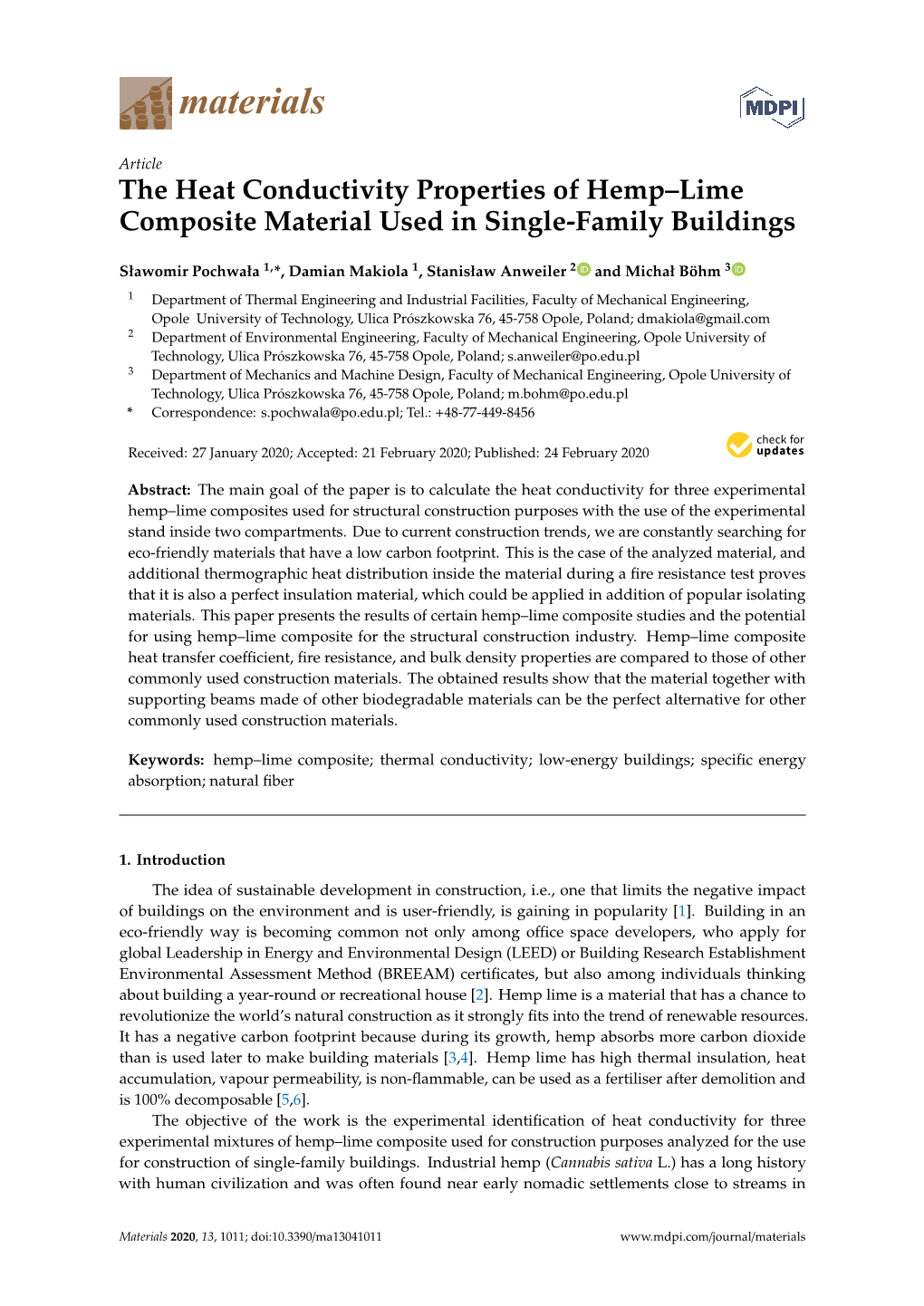 The Heat Conductivity Properties of Hemp–Lime Composite Material Used in Single-Family Buildings