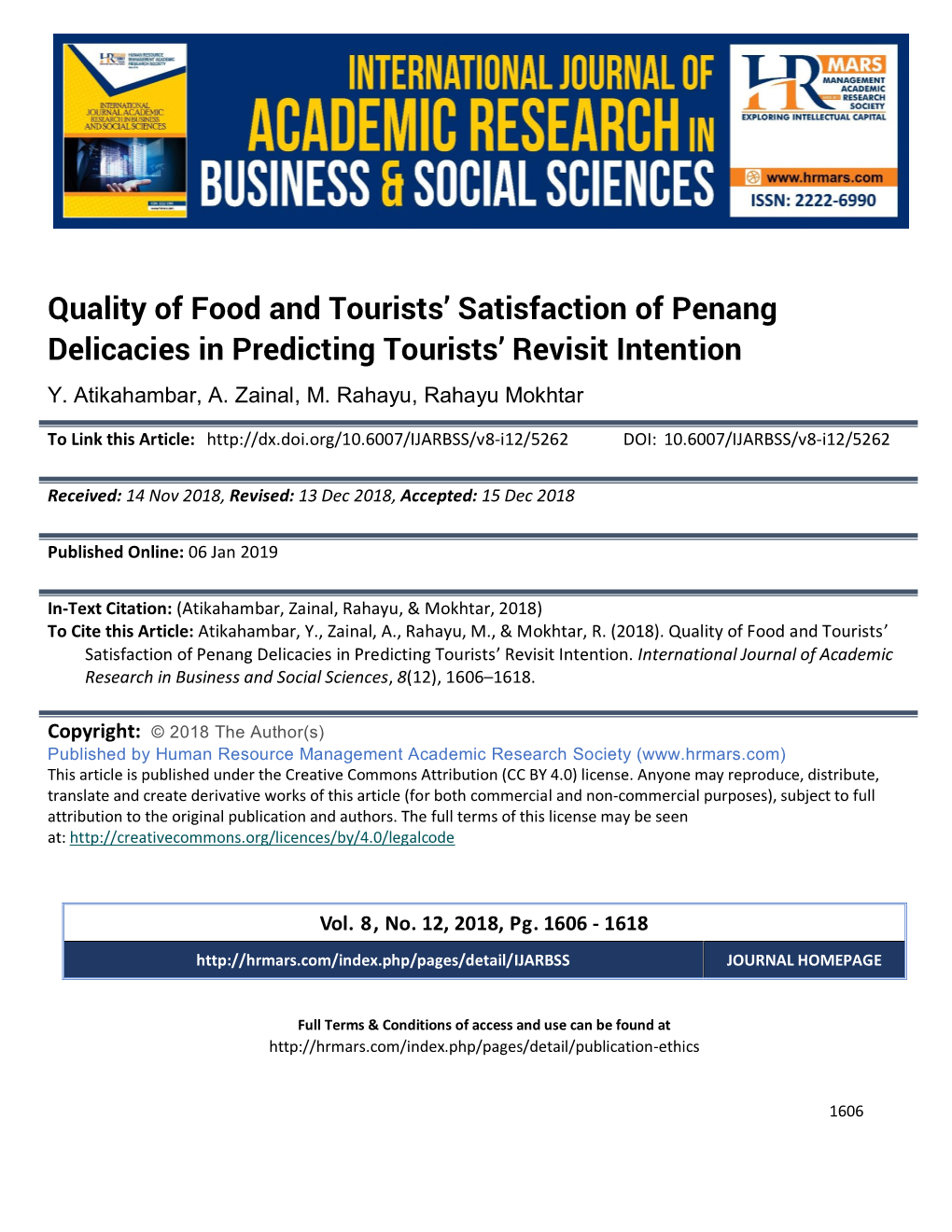 Quality of Food and Tourists' Satisfaction of Penang Delicacies In