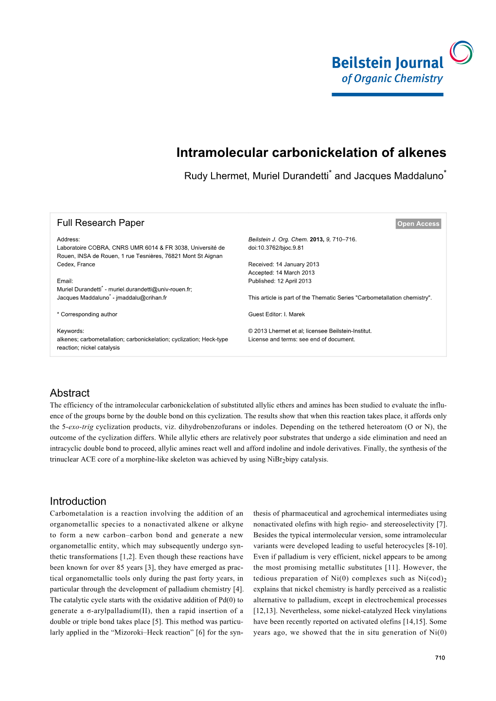 Intramolecular Carbonickelation of Alkenes