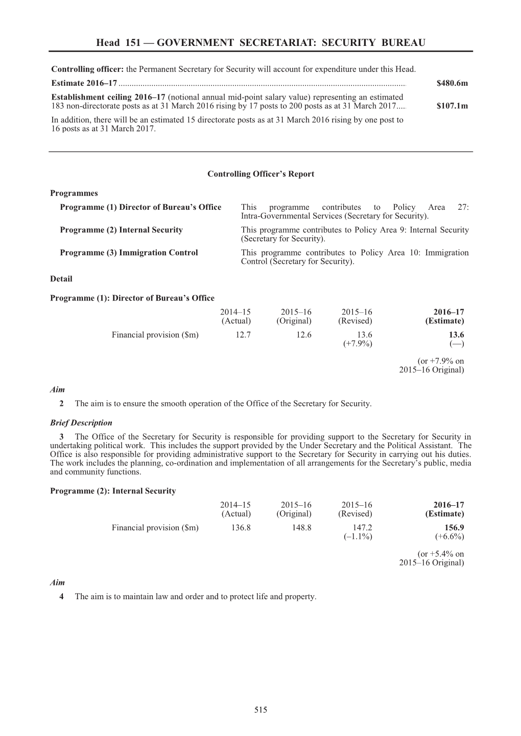 Head 151 — GOVERNMENT SECRETARIAT: SECURITY BUREAU