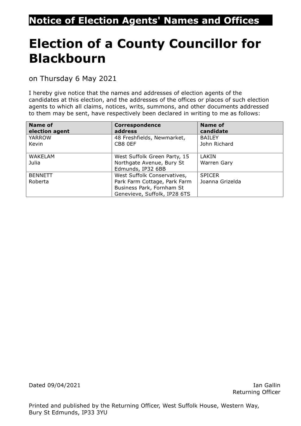 Election of a County Councillor for Blackbourn on Thursday 6 May 2021