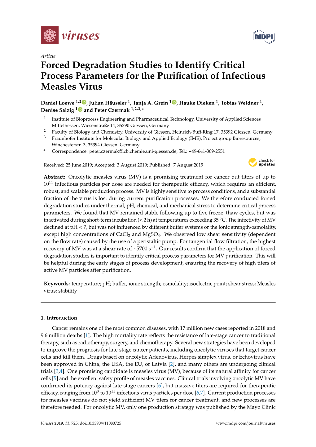 Forced Degradation Studies to Identify Critical Process Parameters for the Puriﬁcation of Infectious Measles Virus