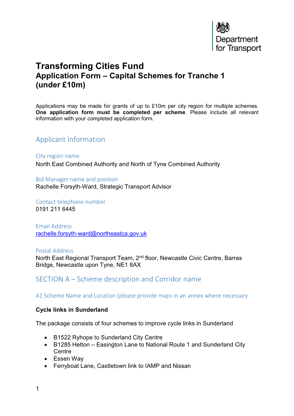 Transforming Cities Fund Application Form – Capital Schemes for Tranche 1 (Under £10M)