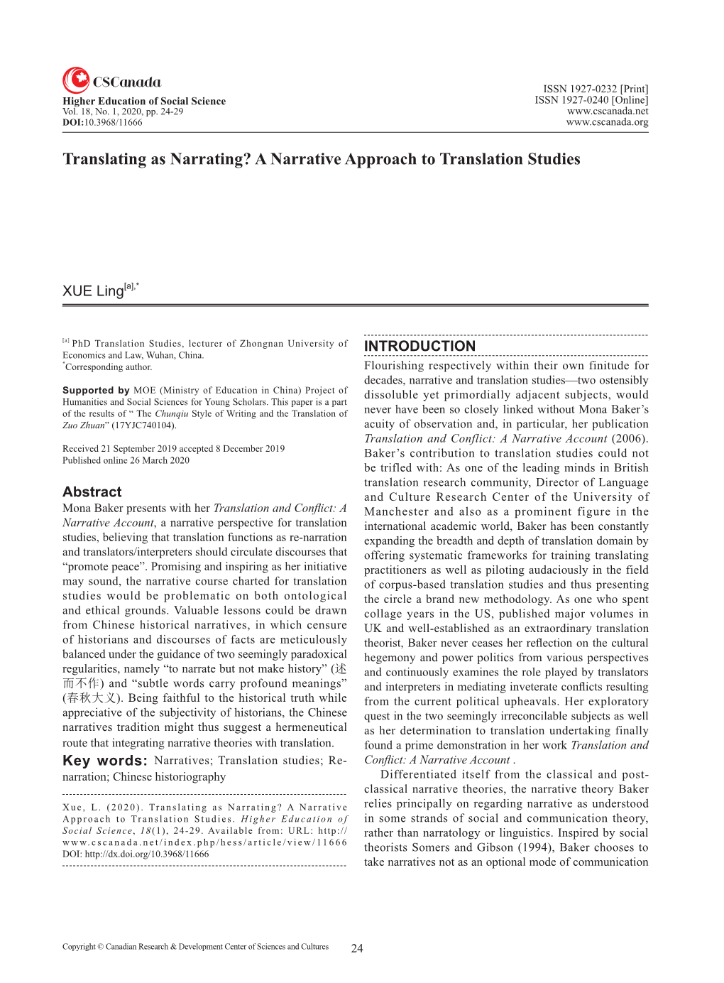 A Narrative Approach to Translation Studies