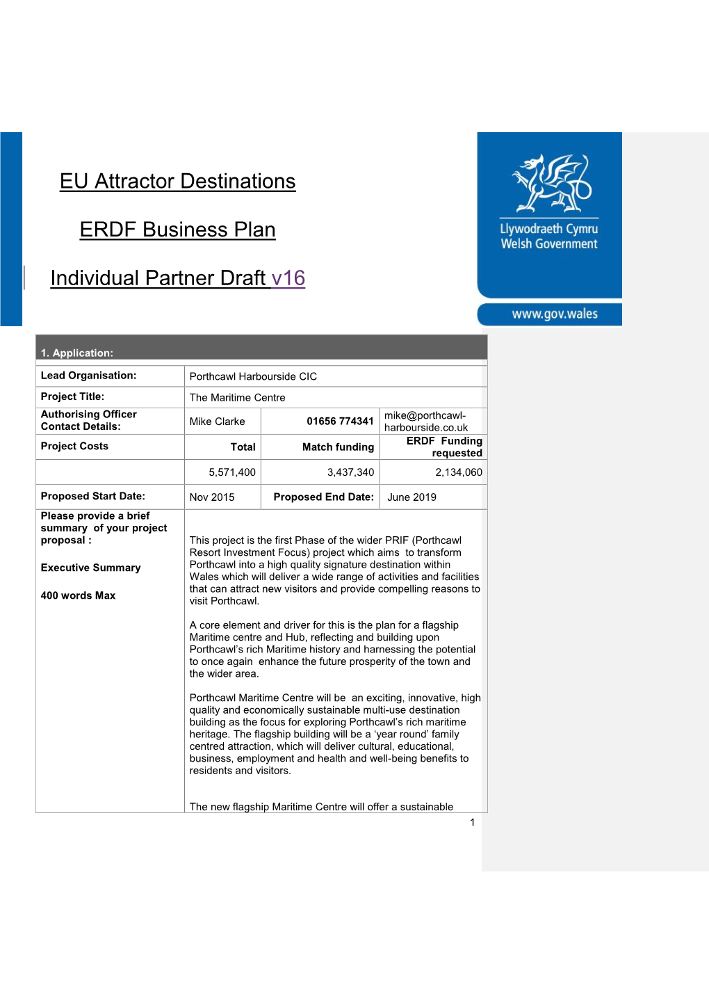 EU Attractor Destinations ERDF Business Plan Individual Partner Draft