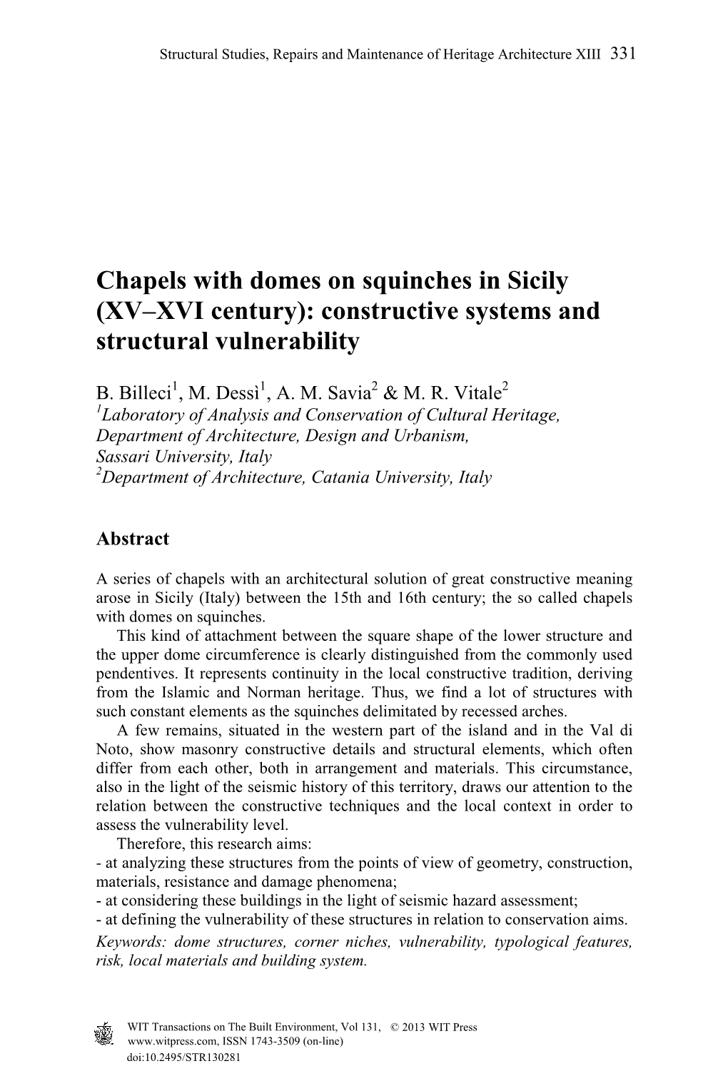 Chapels with Domes on Squinches in Sicily (XV–XVI Century): Constructive Systems and Structural Vulnerability