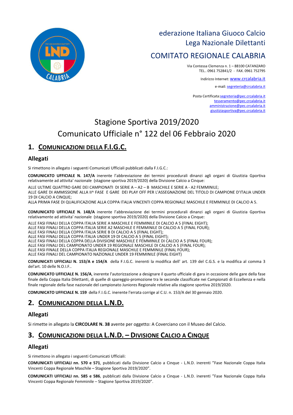 Comunicato Ufficiale N° 122 Del 06 Febbraio 2020 1