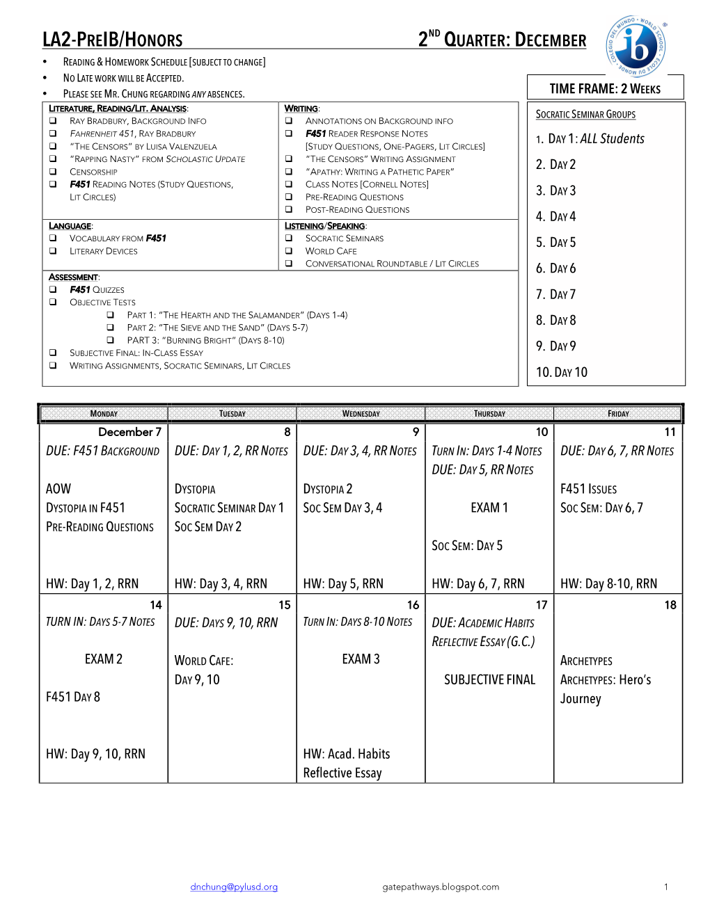 La2-Preib/Honors 2Nd Quarter:December