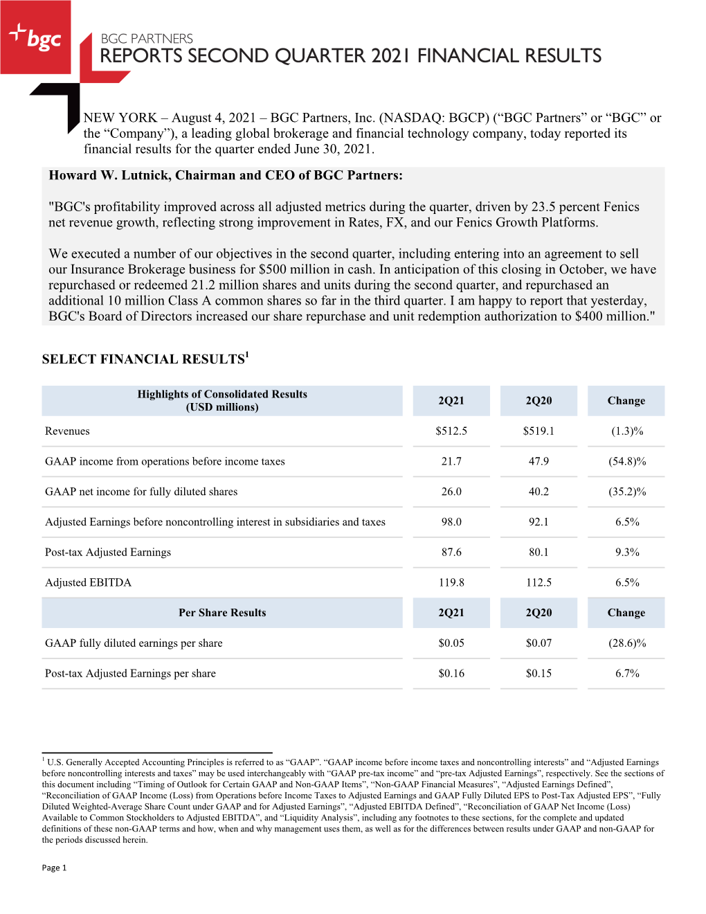 NEW YORK – August 4, 2021 – BGC Partners, Inc. (NASDAQ: BGCP