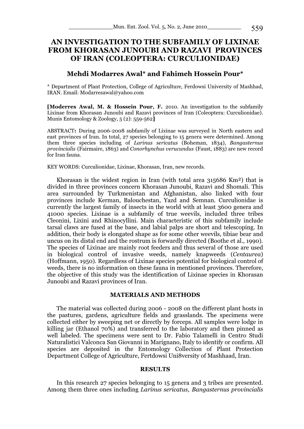 An Investigation to the Subfamily of Lixinae from Khorasan Junoubi and Razavi Provinces of Iran (Coleoptera: Curculionidae)