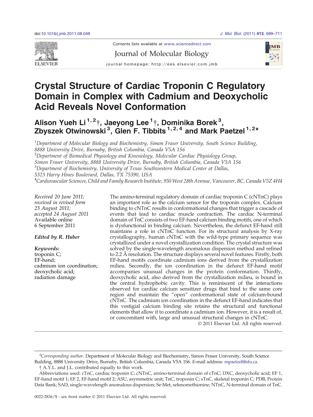 Crystal Structure of Cardiac Troponin C Regulatory Domain in Complex with Cadmium and Deoxycholic Acid Reveals Novel Conformation