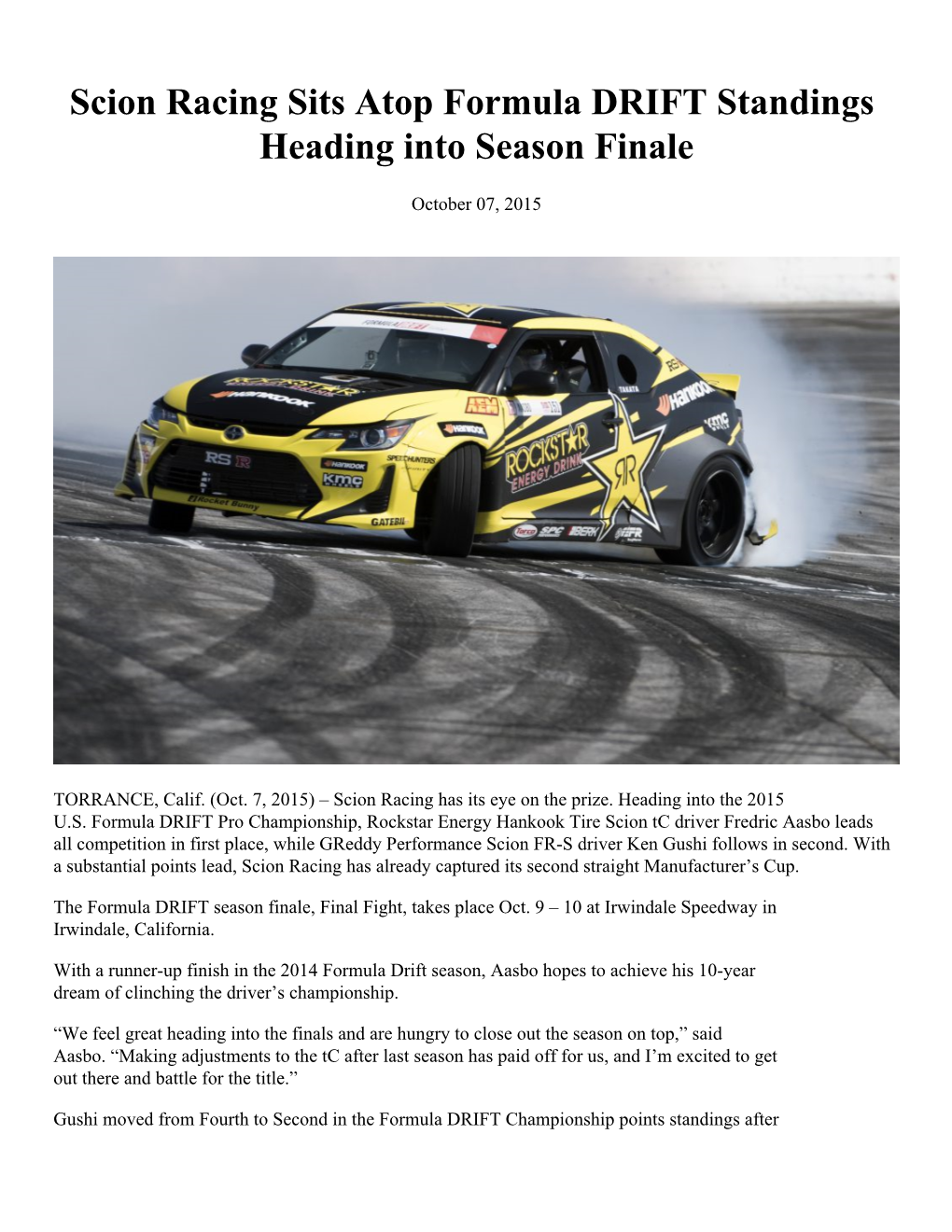 Scion Racing Sits Atop Formula DRIFT Standings Heading Into Season Finale