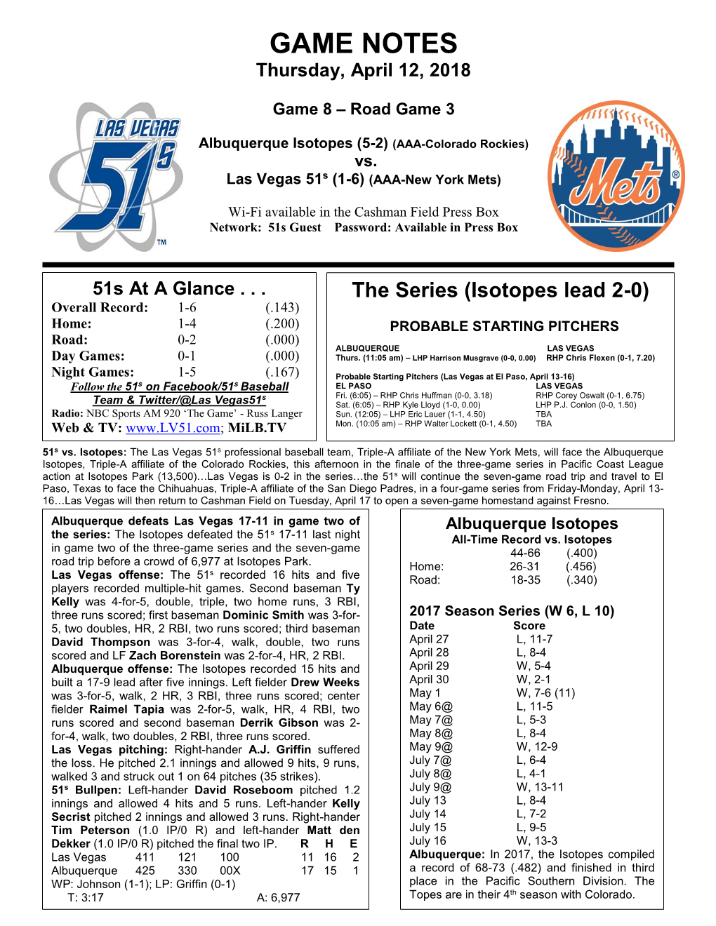 GAME NOTES Thursday, April 12, 2018