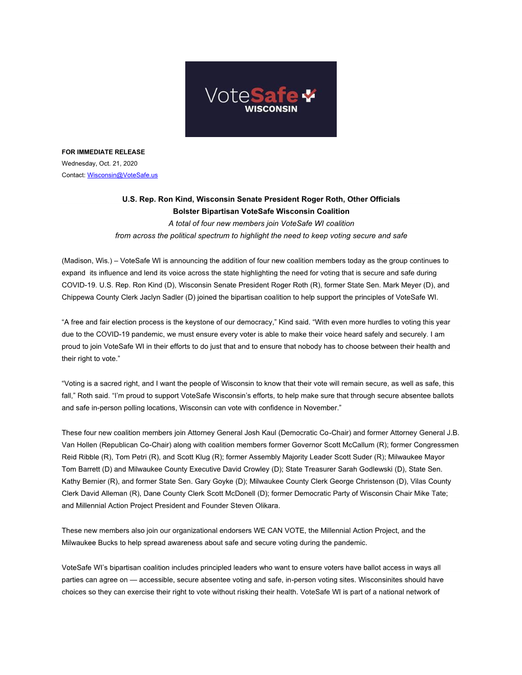 U.S. Rep. Ron Kind, Wisconsin Senate President Roger Roth, Other Officials Bolster Bipartisan Votesafe Wisconsin Coalition A