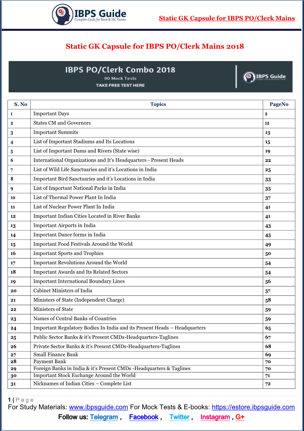 Static GK Capsule for IBPS PO/Clerk Mains 2018