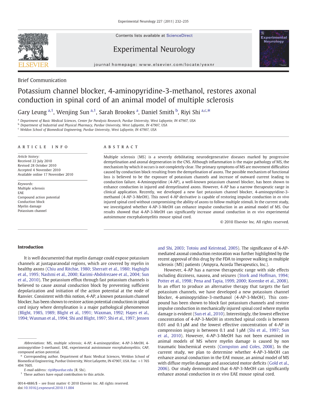 Potassium Channel Blocker, 4-Aminopyridine-3-Methanol, Restores Axonal Conduction in Spinal Cord of an Animal Model of Multiple Sclerosis