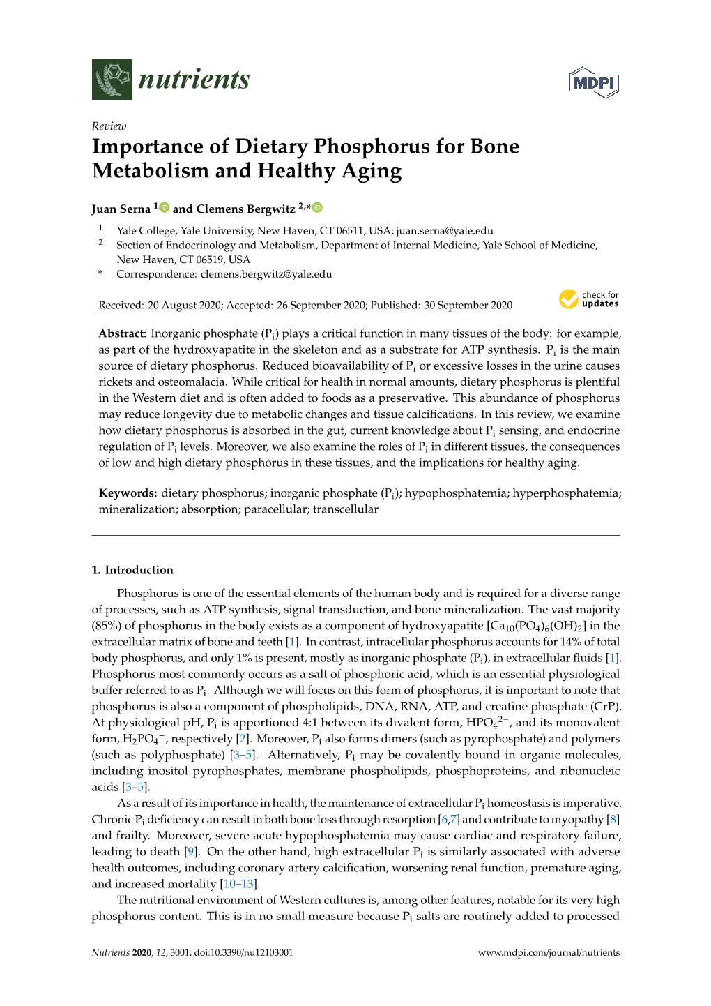 Importance of Dietary Phosphorus for Bone Metabolism and Healthy Aging