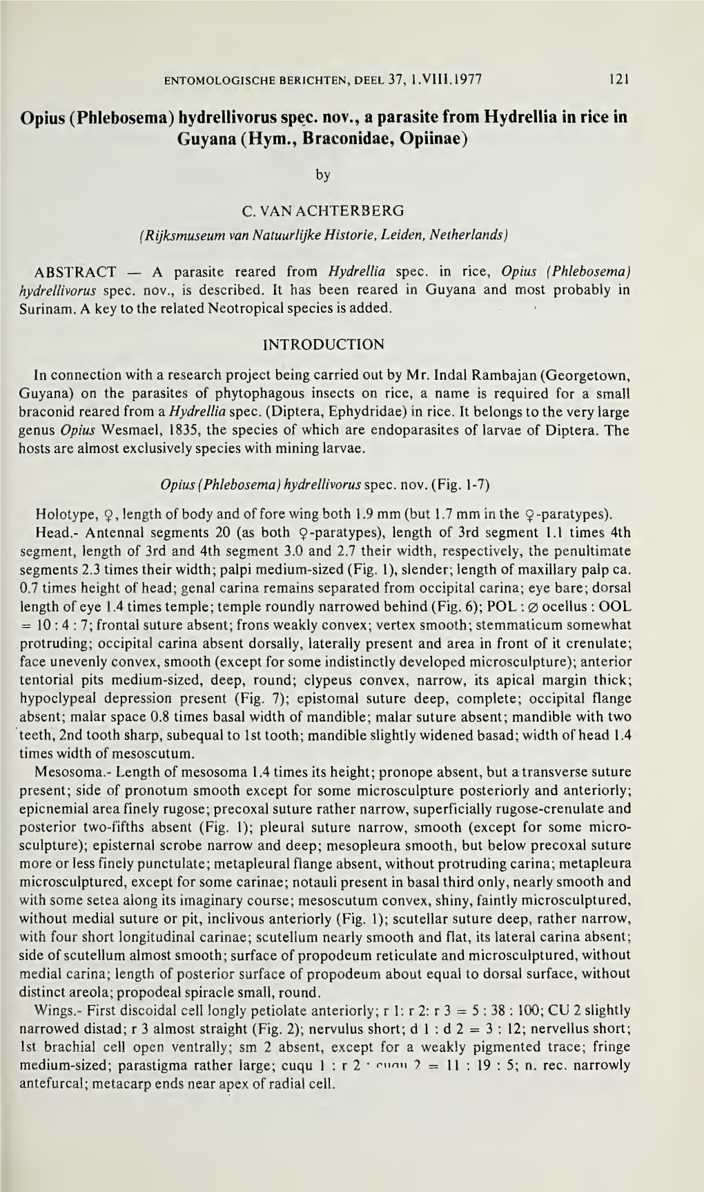 Opius (Phlebosema) Hydrellivorus Spec, Nov., a Parasite from Hydrellia in Rice in Guyana (Hym., Braconidae, Opiinae)