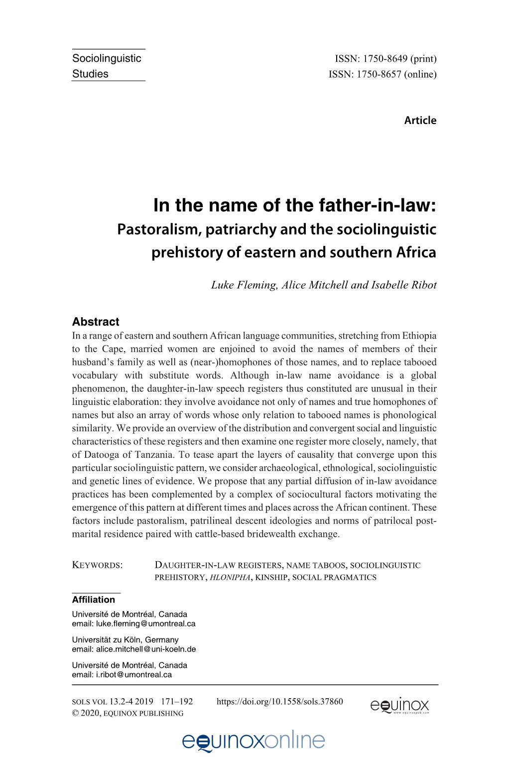 In the Name of the Father-In-Law: Pastoralism, Patriarchy and the Sociolinguistic Prehistory of Eastern and Southern Africa