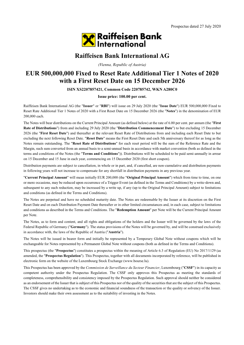 Raiffeisen Bank International AG EUR 500,000,000 Fixed to Reset Rate Additional Tier 1 Notes of 2020 with a First Reset Date On