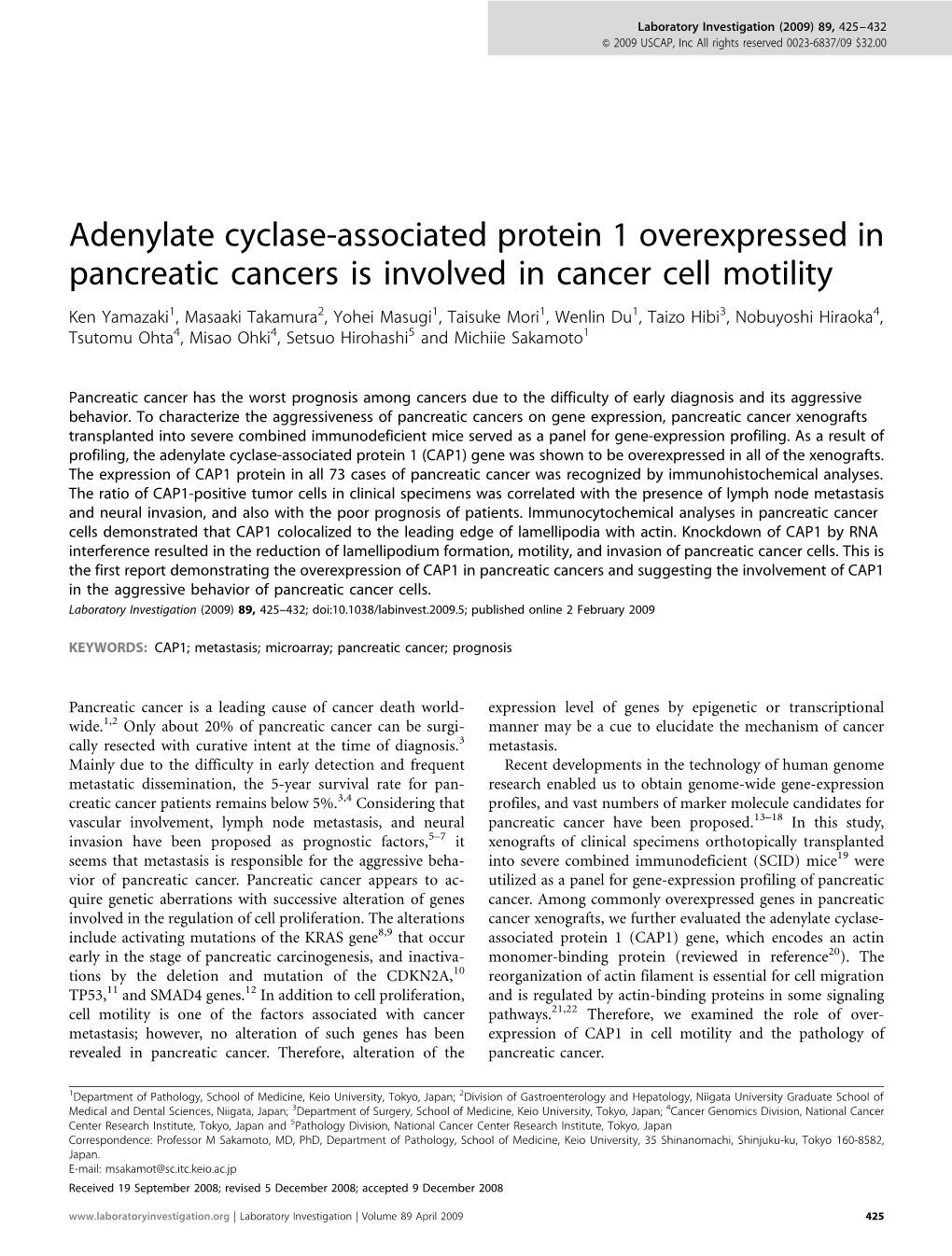 Adenylate Cyclase-Associated Protein 1 Overexpressed in Pancreatic Cancers Is Involved in Cancer Cell Motility