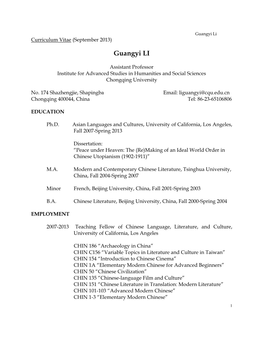 Guangyi Li Curriculum Vitae (September 2013)