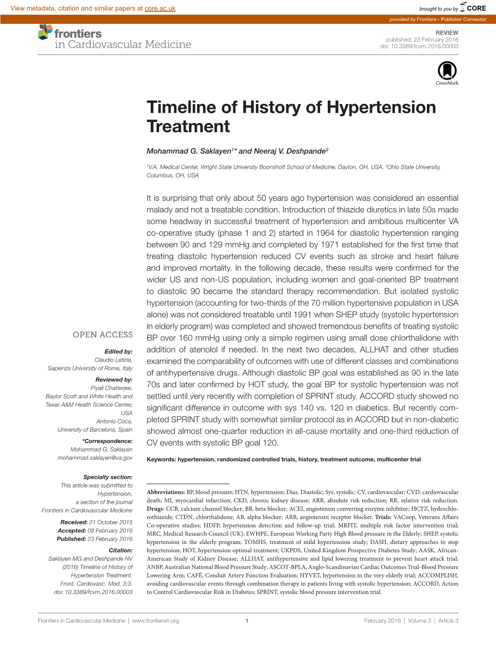 Timeline of History of Hypertension Treatment