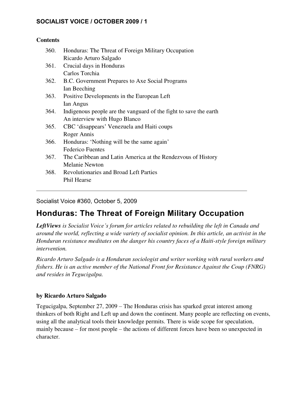 Honduras: the Threat of Foreign Military Occupation Ricardo Arturo Salgado 361