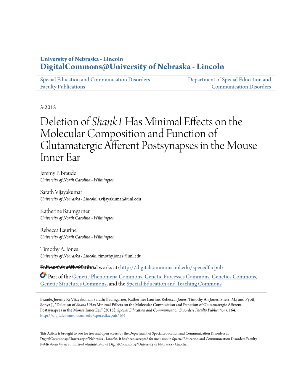 Deletion of <I>Shank1</I> Has Minimal Effects on the Molecular