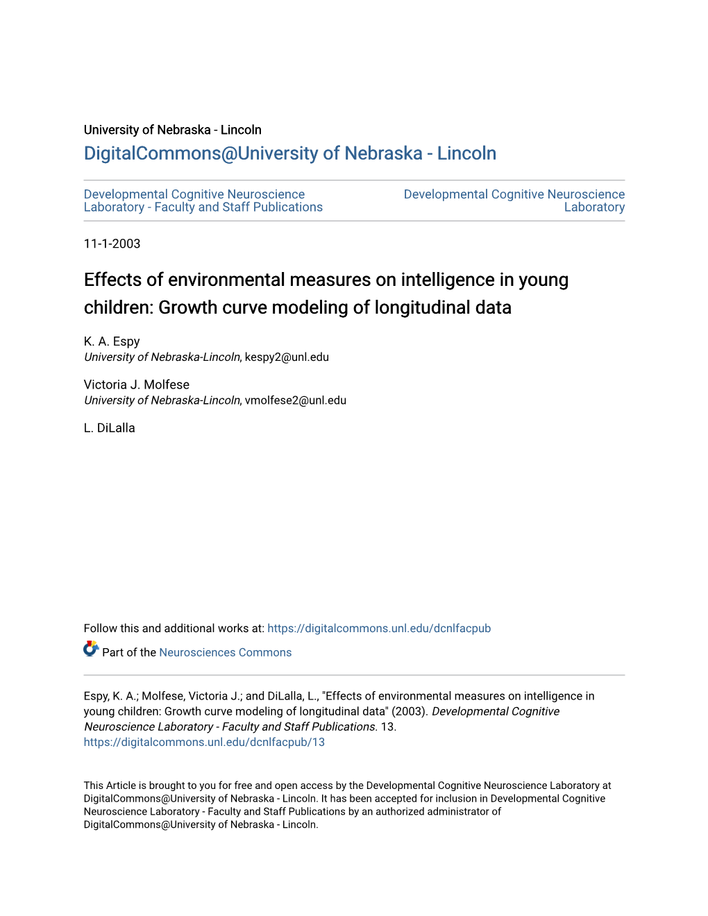 Effects of Environmental Measures on Intelligence in Young Children: Growth Curve Modeling of Longitudinal Data