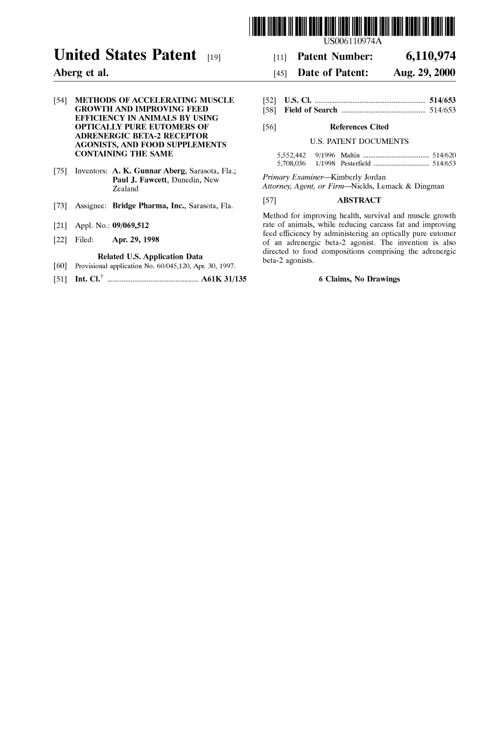 United States Patent (19) 11 Patent Number: 6,110,9749 9 Aberg Et Al