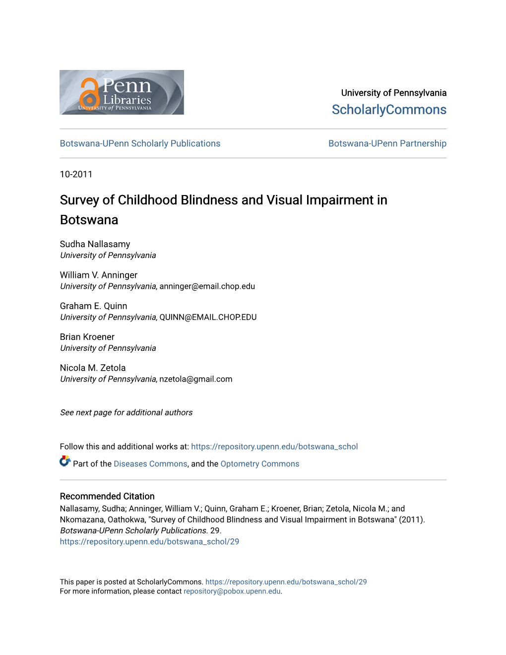 Survey of Childhood Blindness and Visual Impairment in Botswana