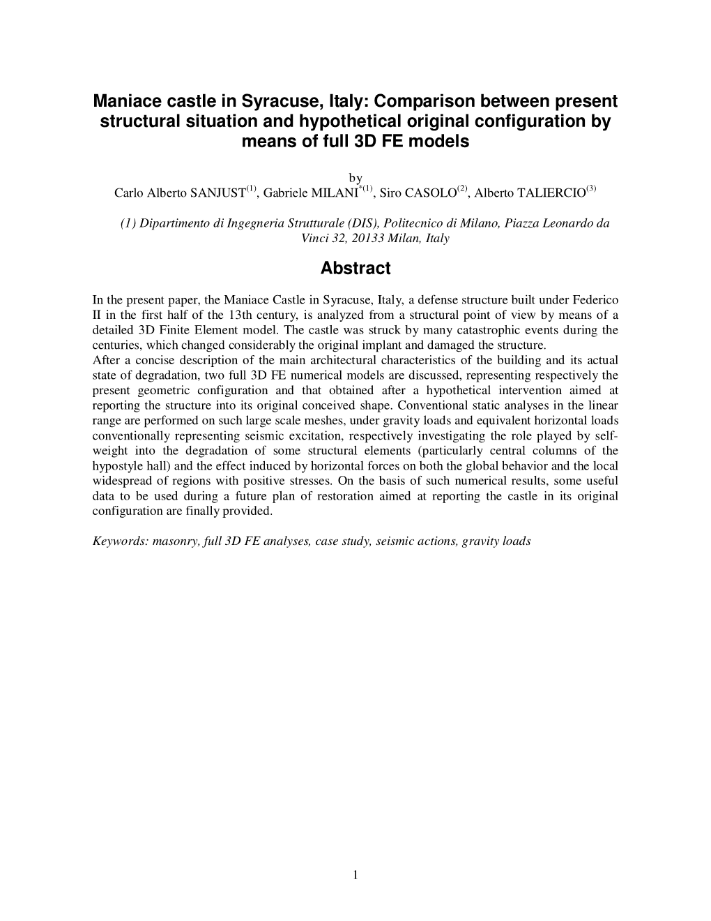 Maniace Castle in Syracuse, Italy: Comparison Between Present Structural Situation and Hypothetical Original Configuration by Means of Full 3D FE Models