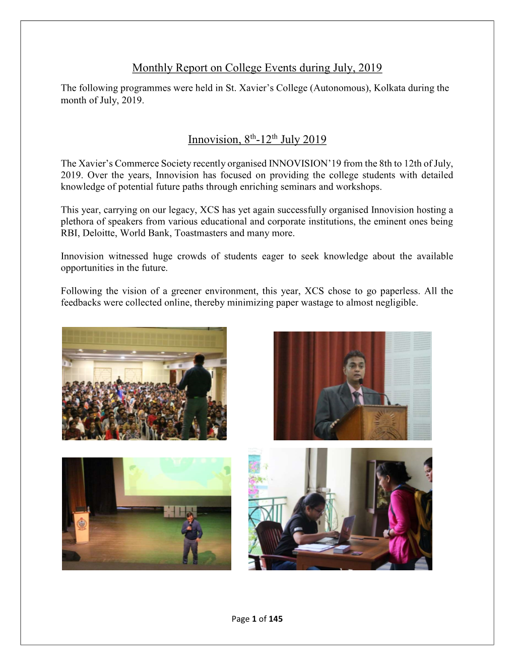 Monthly Report on College Events During July, 2019 Innovision, 8Th