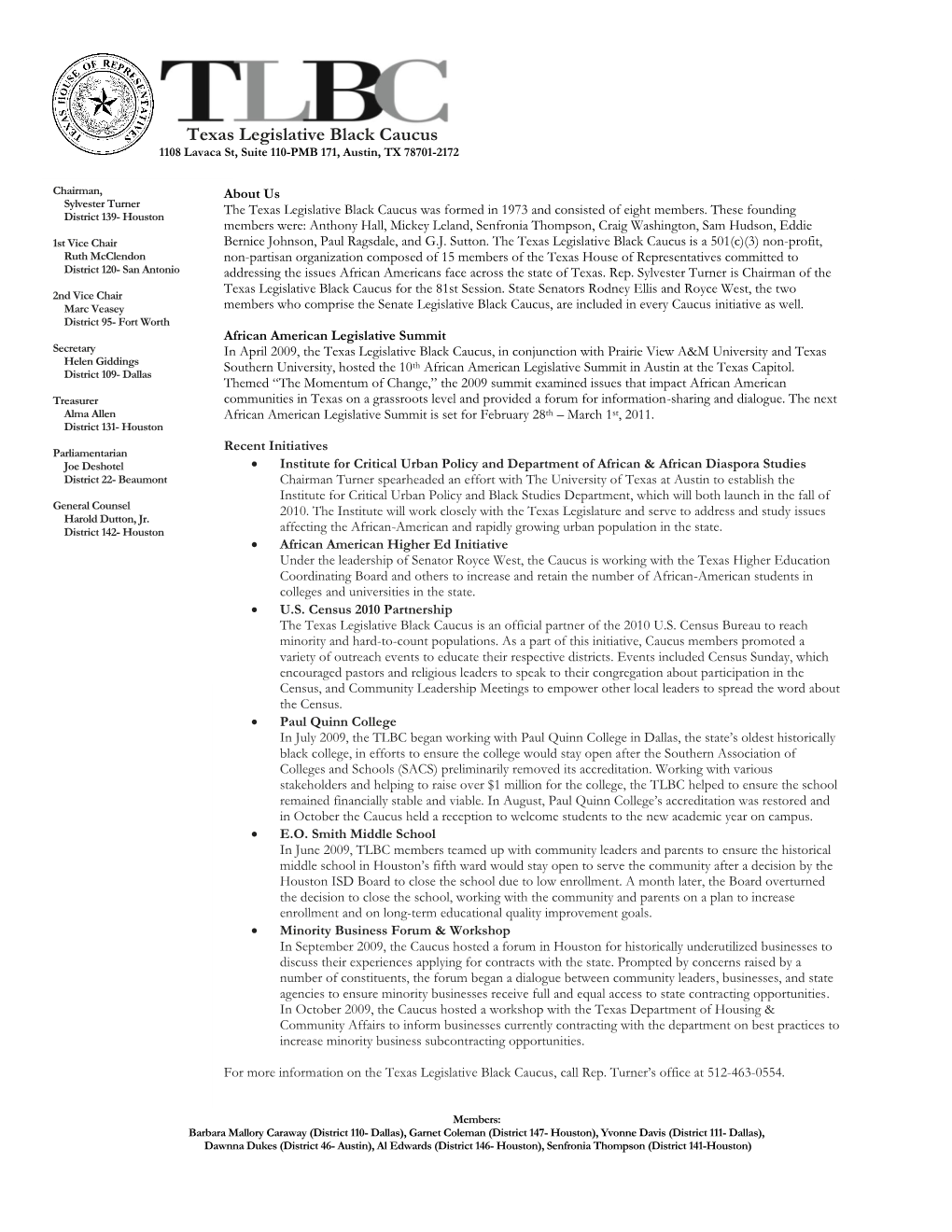 Texas Legislative Black Caucus 1108 Lavaca St, Suite 110-PMB 171, Austin, TX 78701-2172
