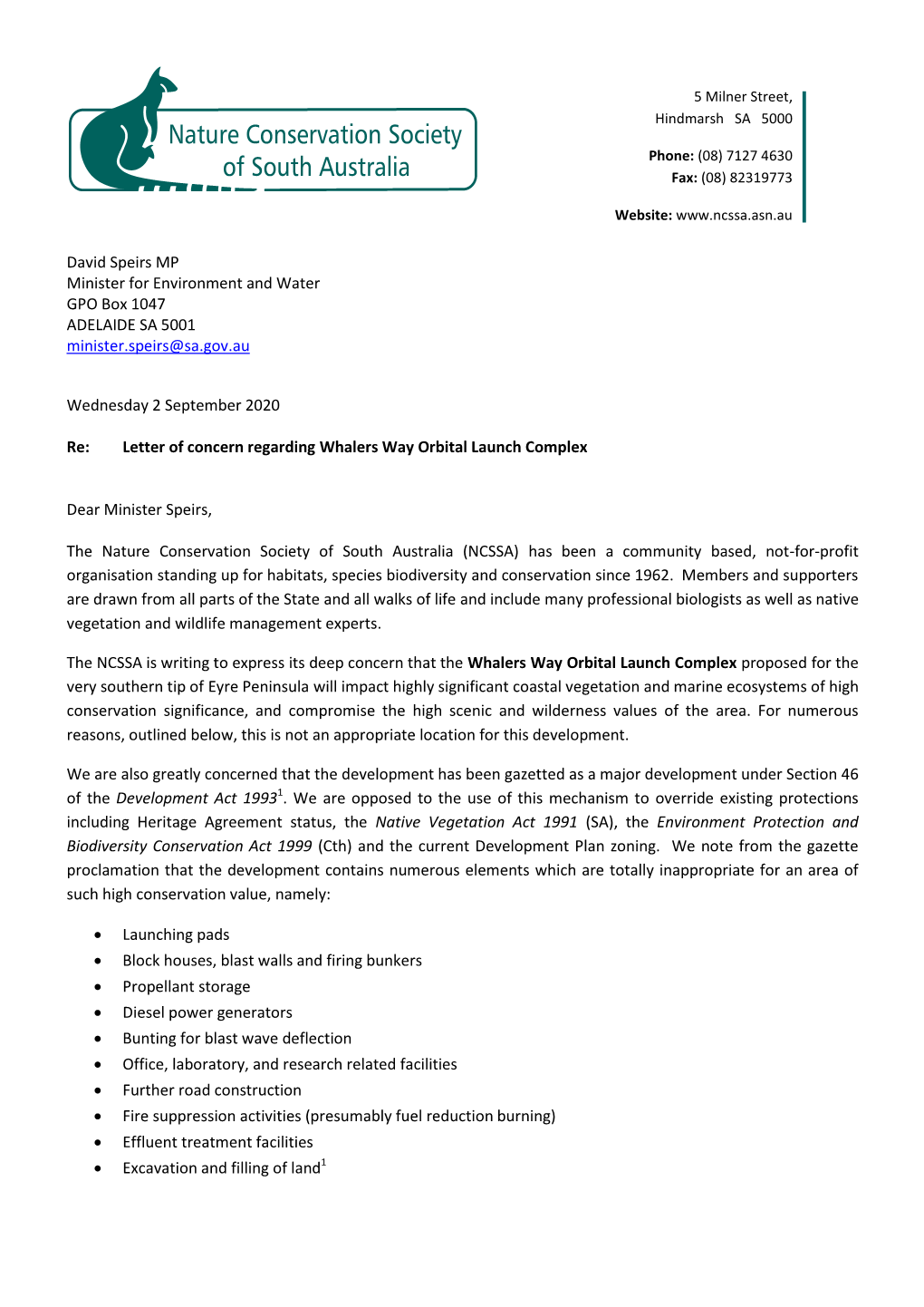 David Speirs MP Minister for Environment and Water GPO Box 1047 ADELAIDE SA 5001 ABN: 40 538 422 811 Minister.Speirs@Sa.Gov.Au Gstregistered