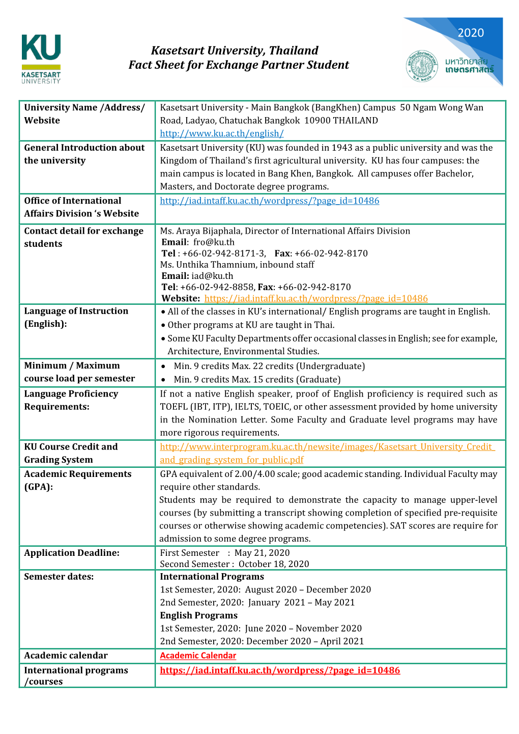 Kasetsart University, Thailand Fact Sheet for Exchange Partner Student