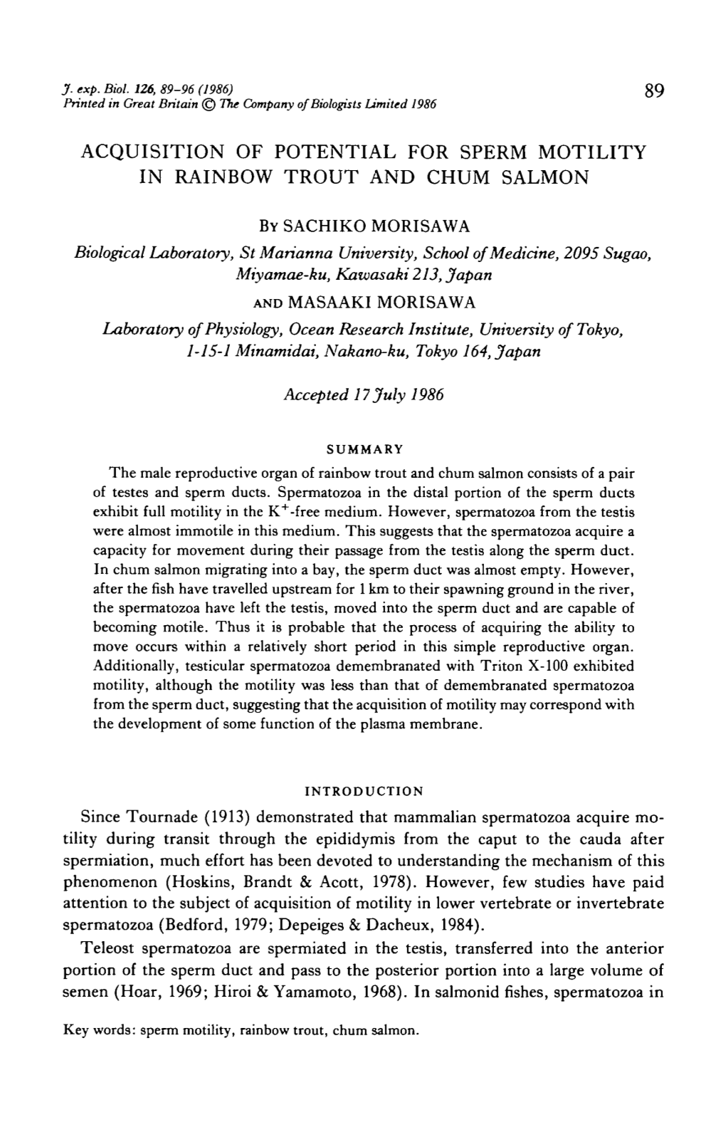 Acquisition of Potential for Sperm Motility in Rainbow Trout and Chum Salmon