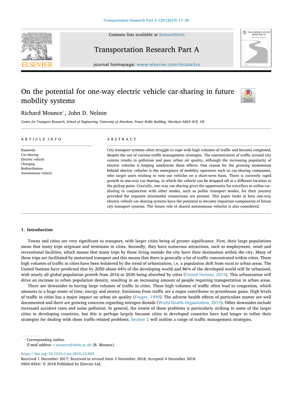 On the Potential for One-Way Electric Vehicle Car-Sharing in Future Mobility Systems T ⁎ Richard Mounce , John D