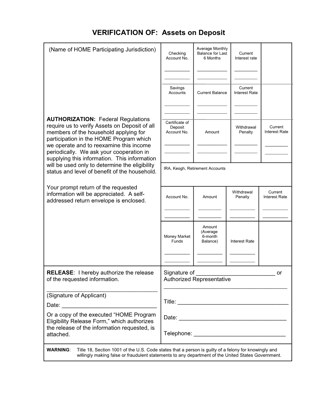 Verification of Assets on Deposit