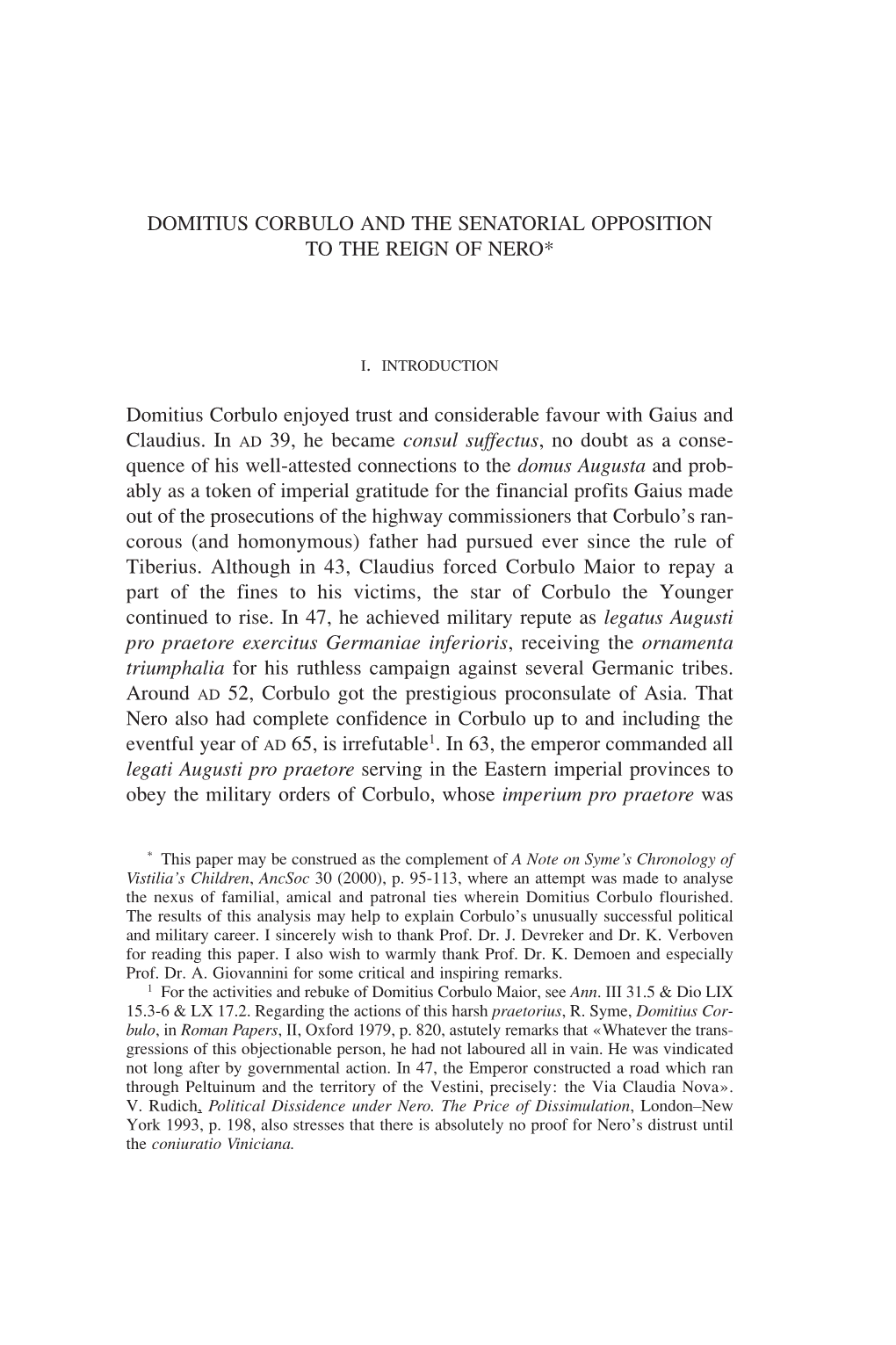 Here an Attempt Was Made to Analyse the Nexus of Familial, Amical and Patronal Ties Wherein Domitius Corbulo Flourished