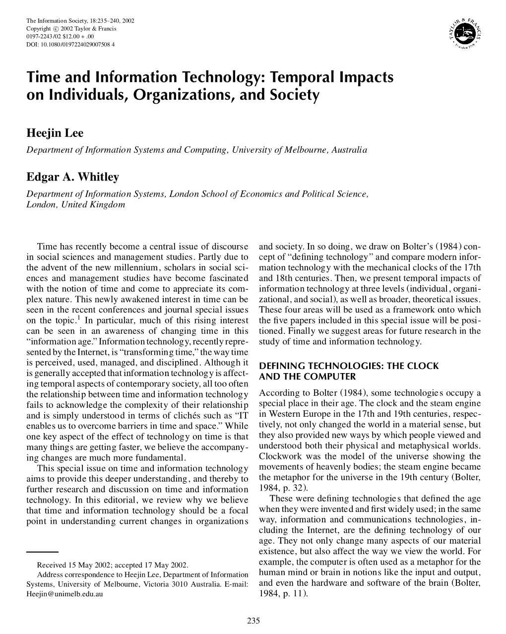 Time and Information Technology: Temporal Impacts on Individuals, Organizations, and Society