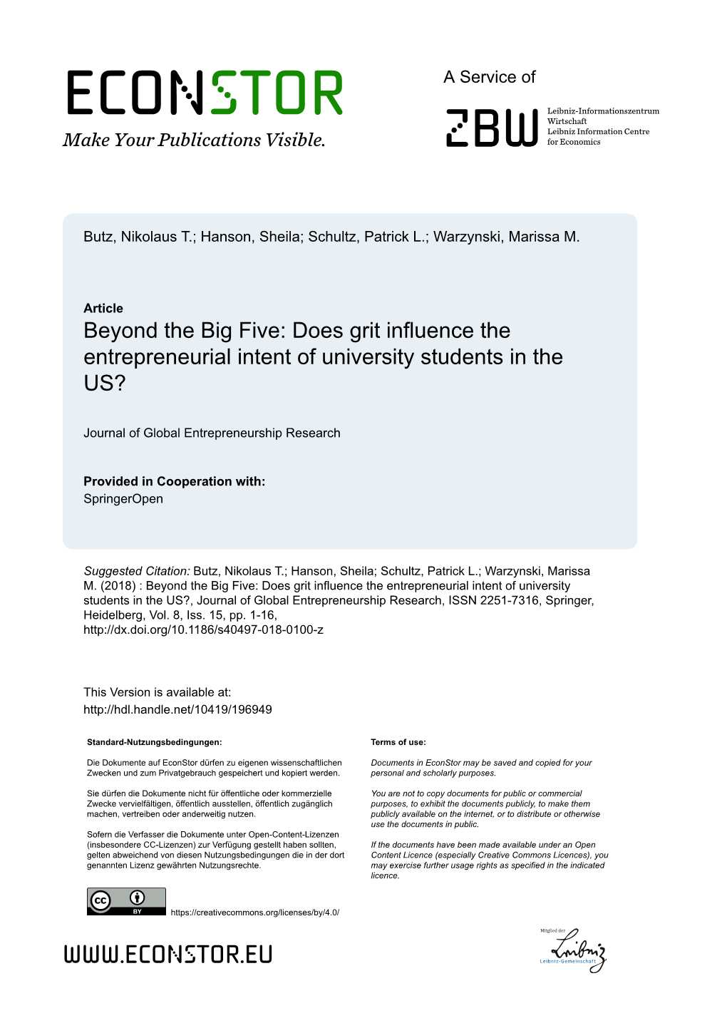 Beyond the Big Five: Does Grit Influence the Entrepreneurial Intent of University Students in the US?