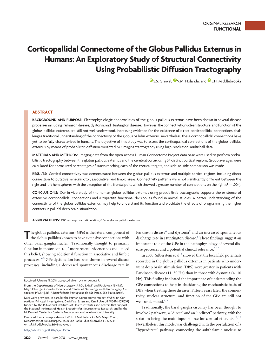 Corticopallidal Connectome of the Globus Pallidus Externus in Humans: an Exploratory Study of Structural Connectivity Using Probabilistic Diffusion Tractography