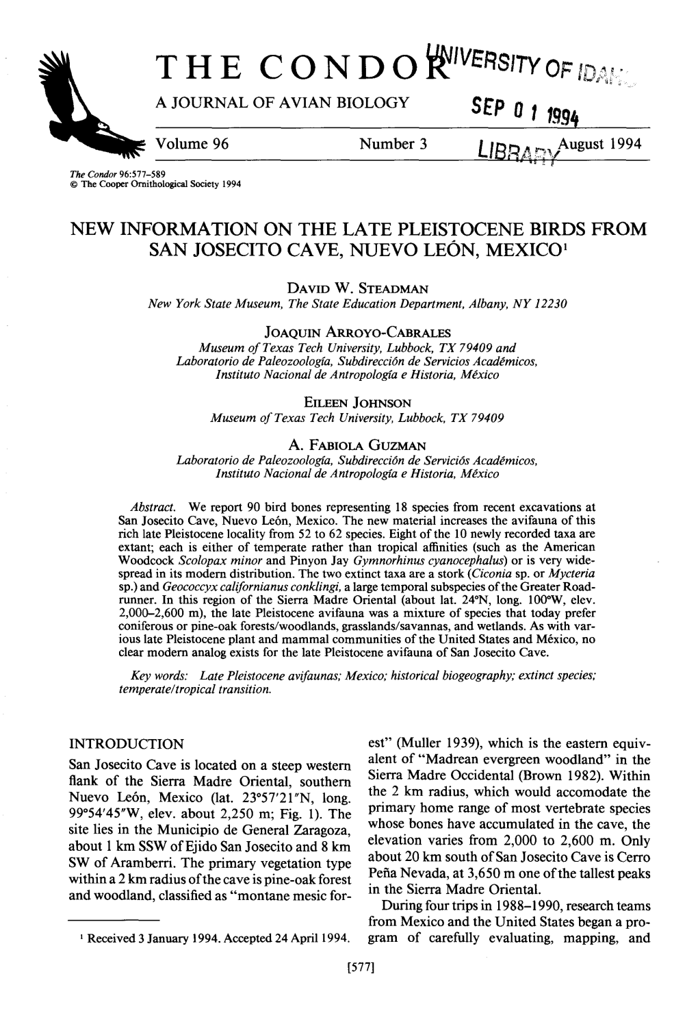 New Information on the Late Pleistocene Birds from San Josecito Cave, Nuevo Leon, Mexico ’