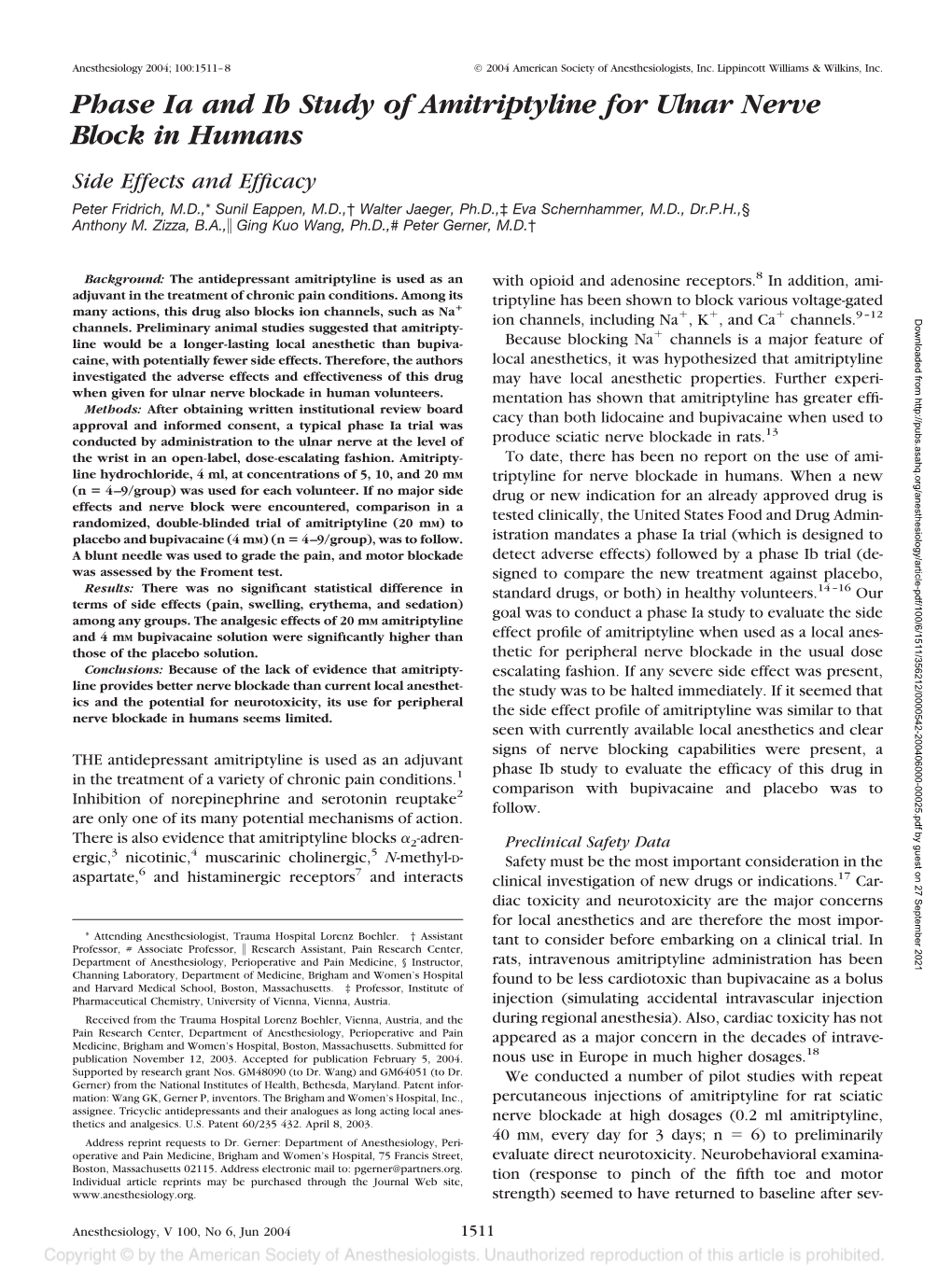 Phase Ia and Ib Study of Amitriptyline for Ulnar Nerve Block in Humans