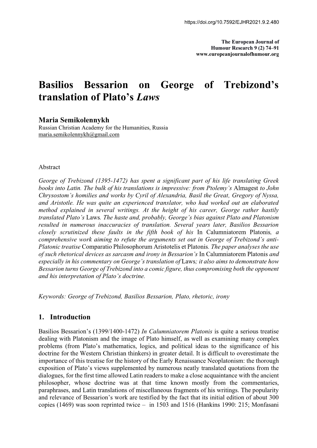 Basilios Bessarion on George of Trebizond's Translation of Plato's Laws